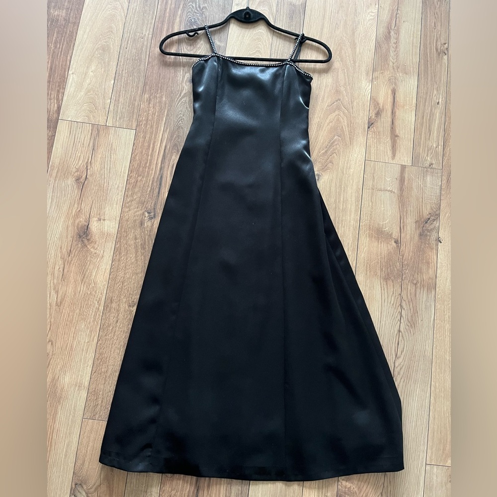 Gorgeous Custom Black Spaghetti Strap with Gems Kids Satin Gown (Girl US 8-12)